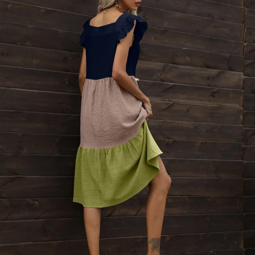 Boho Color Block Green Ruffle Sleeve Midi Dress - Picture 9 of 9